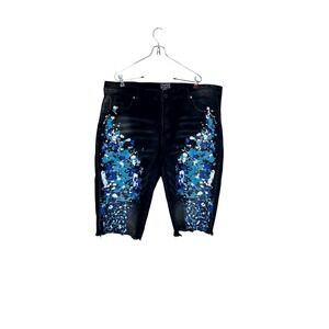 Rock Salt Mens Shorts Paint Splotches Cut Off Raw Hem Bermuda Denim Black Sz. 40